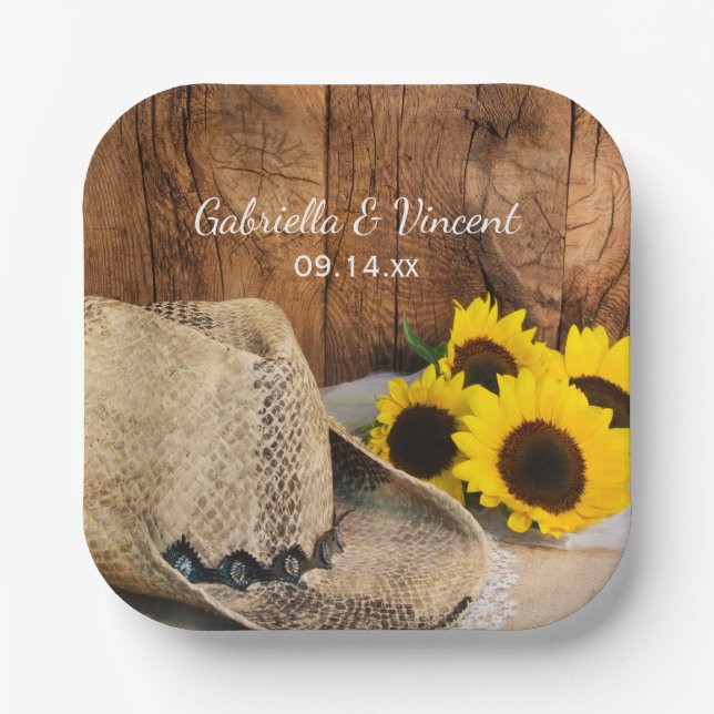 Cowboy Hat, Sunflowers, Barn Wood Western Wedding Paper Plate (Front)