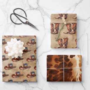 Cowboy Hats Boots Cowhide Wrapping Paper Sheet