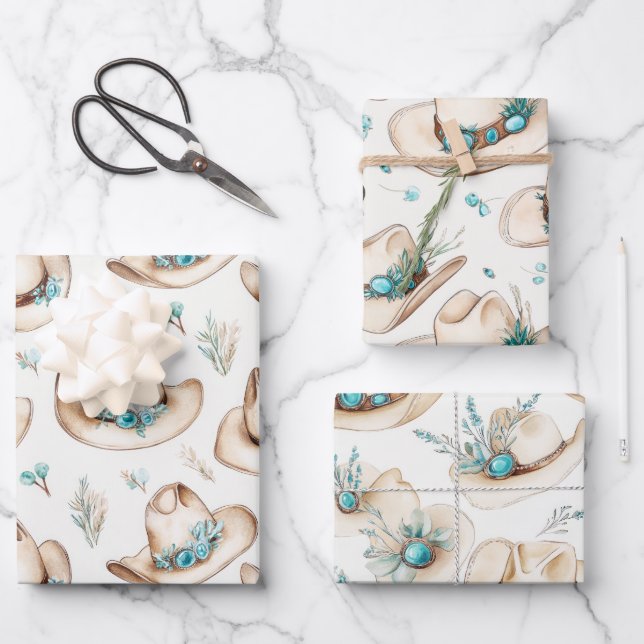 Cowboy Hats Western Turquoise Jewellery Wrapping Paper Sheet (Front)