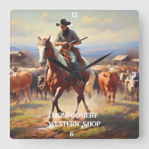 Cowboy Herding Cattle on Horseback Square Wall Clock