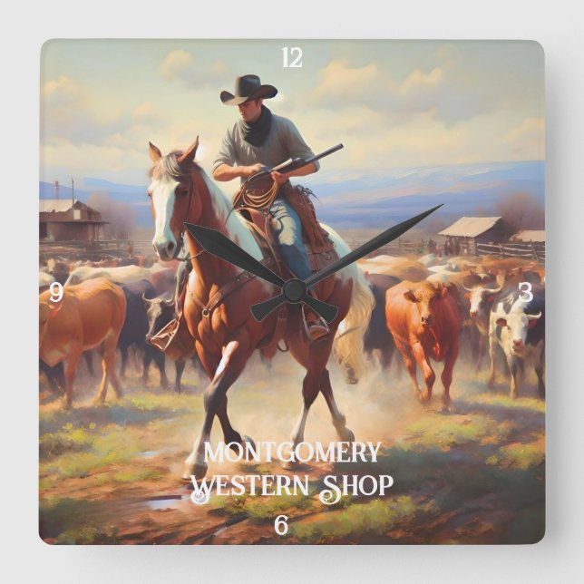 Cowboy Herding Cattle on Horseback Square Wall Clock (Front)