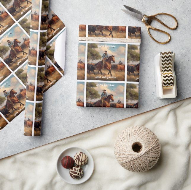 Cowboy Herding Cattle on Horseback Wrapping Paper (Crafts)