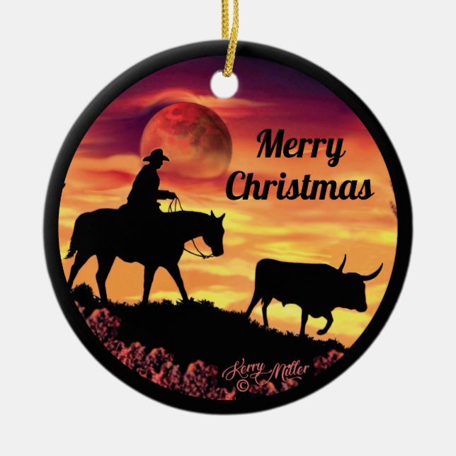 Cowboy Herding Longhorn Steer Ceramic Ornament (Front)