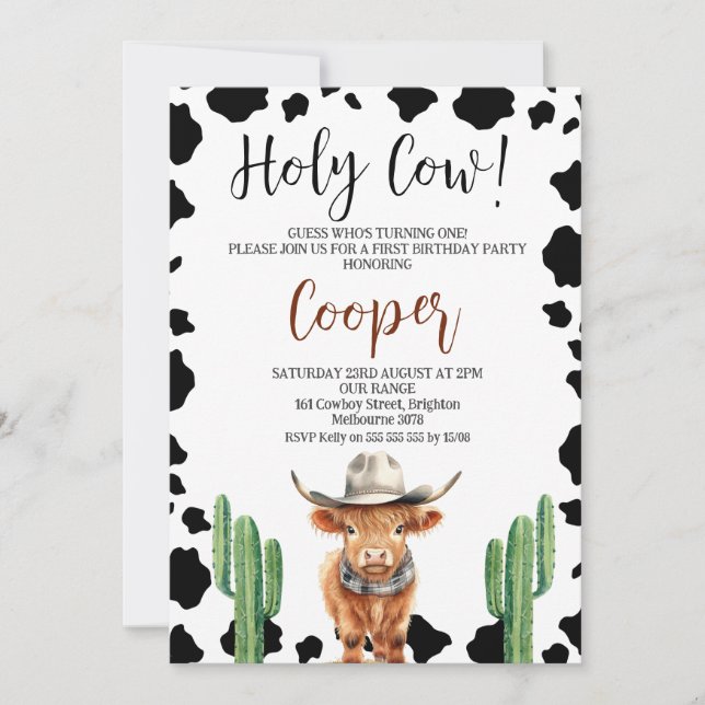 Cowboy Highland Cow Holy Cow 1st Birthday Invitation (Front)