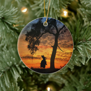 Cowboy Horse and Oak Tree Steer Roping Ceramic Ornament