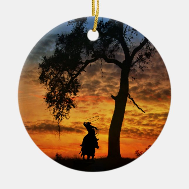 Cowboy Horse and Oak Tree Steer Roping Ceramic Ornament (Front)