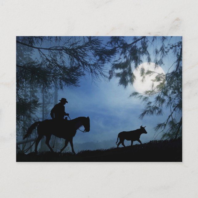 Cowboy Horse and Steer with Full Moon Winter Postcard (Front)