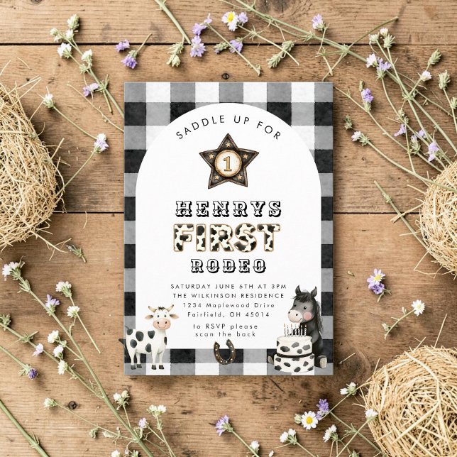 Cowboy Horse Buffalo Plaid First Rodeo Invitation (Creator Uploaded)