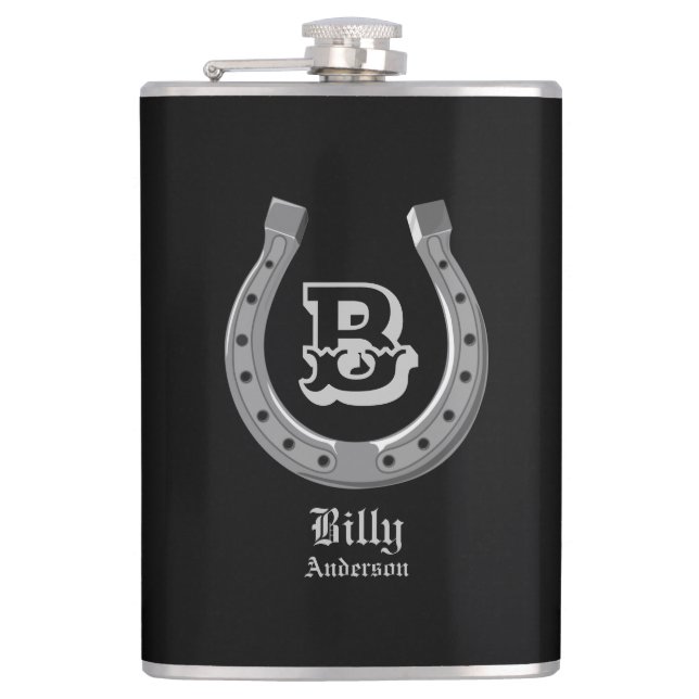 Cowboy Horse Shoe Personalised Monogram Flask (Front)