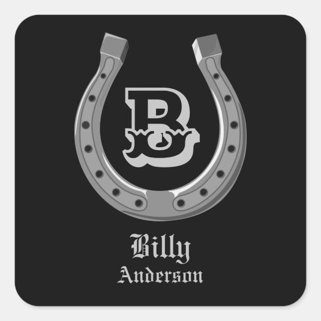 Cowboy Horse Shoe Personalised Monogram Square Sticker (Front)