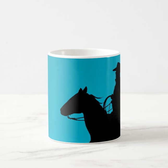 Cowboy & Horse Silhouette on Turquoise  Coffee Mug (Center)