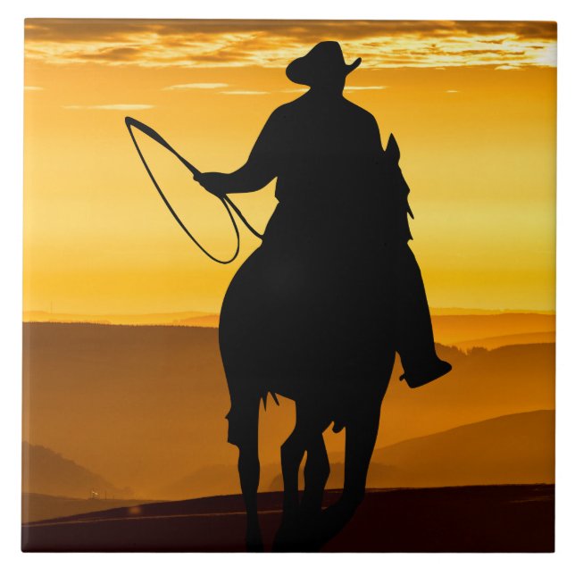 Cowboy Horse Sunset Silhouette Ceramic Tile (Front)