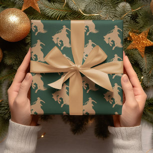 Cowboy Horse Western On Dark Green Christmas Wrapping Paper