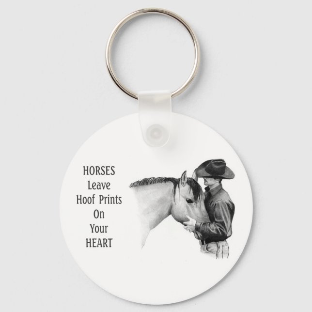 Cowboy: Horses: Hoof Prints: Pencil Drawing Key Ring (Front)
