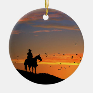 Cowboy in Sunset Ceramic Ornament