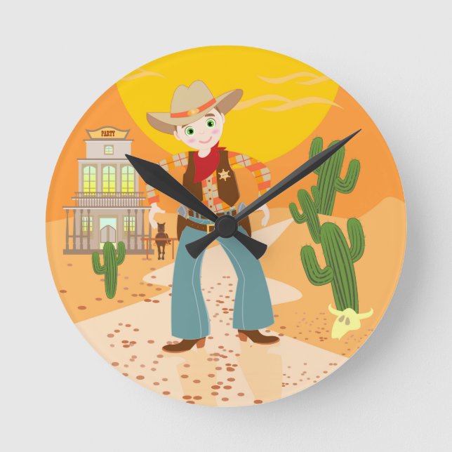 Cowboy kid birthday party round clock (Front)