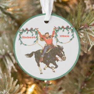 Cowboy Kid On Horse With Ropes Christmas Design Or Ornament