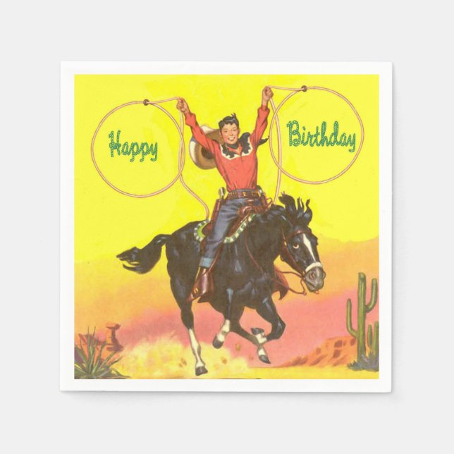 Cowboy Kid On Horse With Ropes Happy Birthday Napkin (Front)