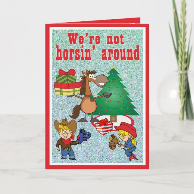 Cowboy Kids And Horse Cartoon Holiday Card (Front)