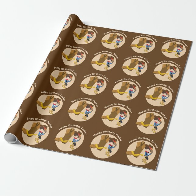Cowboy Kids Birthday Party Personalised Boys Name Wrapping Paper (Unrolled)