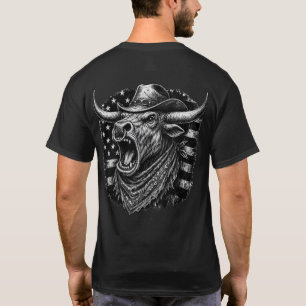 Cowboy longhorn Bull Roaring with American Flag T-Shirt