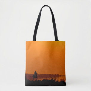 Cowboy Men horse riding at sunset Vintage west Tote Bag