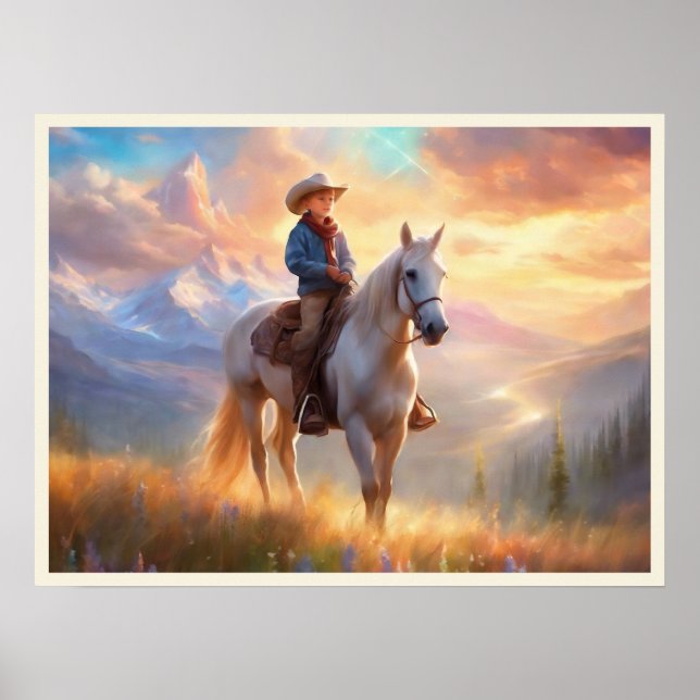 Cowboy Mountaintop Sunrise Boy's Bedroom Art Poster (Front)