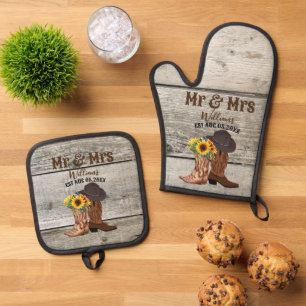 Cowboy Mr Mrs Western Country Family Name Est Oven Mitt & Pot Holder Set