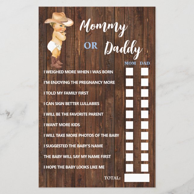 Cowboy Mum or Dad Said Baby Shower Game Card (Front)