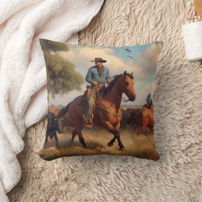 Cowboy on Bay Horse Cushion (Blanket)
