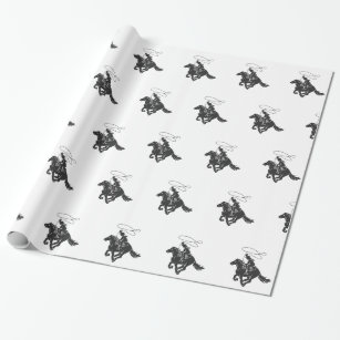 Cowboy on bucking horse running with lasso wrapping paper