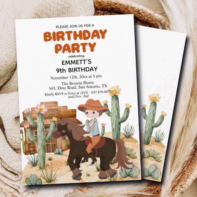 Cowboy on Horse 9th Birthday Party Invitation (Creator Uploaded)
