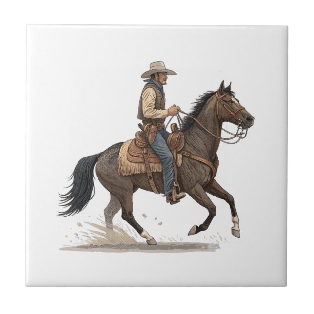 Cowboy On Horse Ceramic Tile (Front)