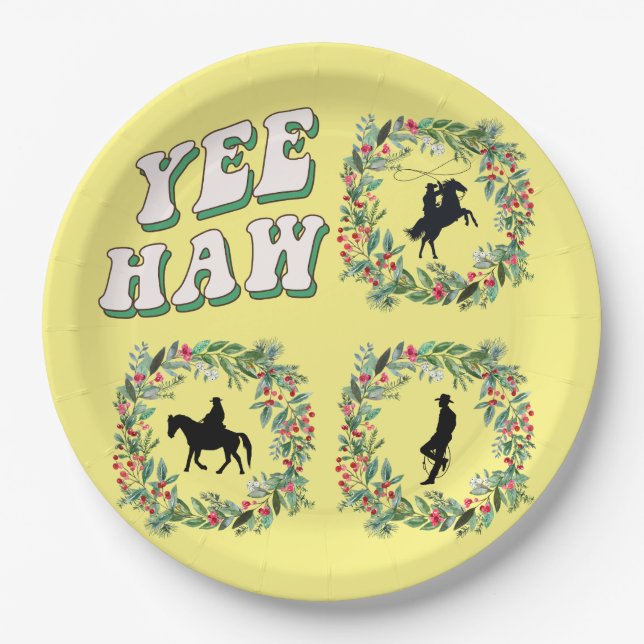 Cowboy on horse howdy y'all Boots yellow Paper Plate (Front)
