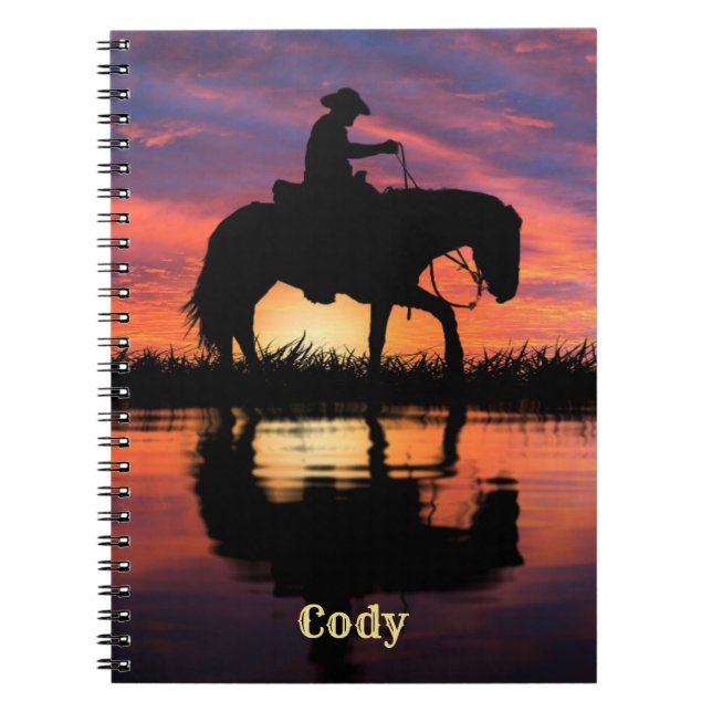 Cowboy on Horse in a Texas Sunset Personalise Name Notebook (Front)