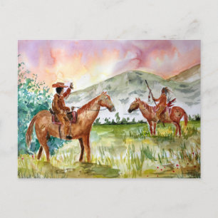 Cowboy on Horse meets Native American Postcard
