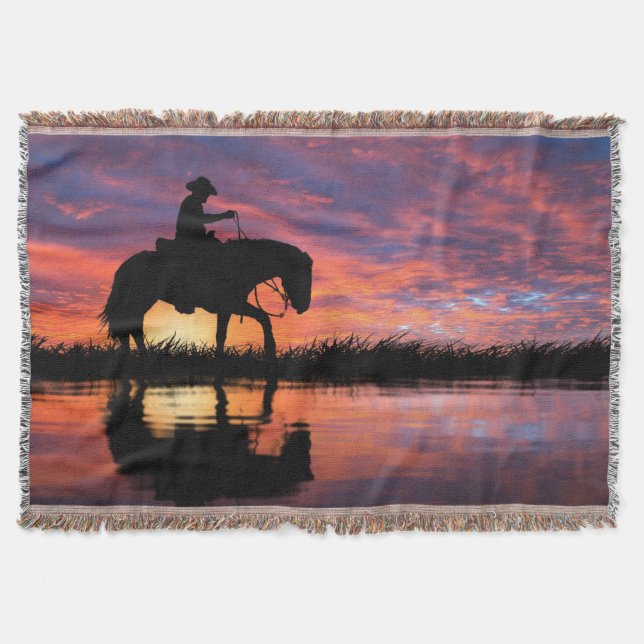 COWBOY ON HORSE SUNSET NIGHT THROW BLANKET (Front)