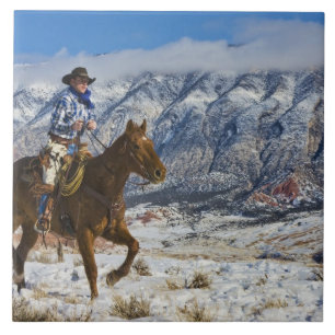 Cowboy on Horse wearing Leather Chaps 2 Ceramic Tile