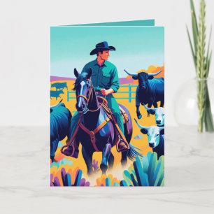 Cowboy On Horse With Cattle Personalised Card
