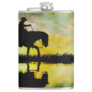 Cowboy on Horseback at Sunset. Hip Flask