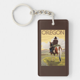 Cowboy on Horseback Vintage Travel Poster Key Ring