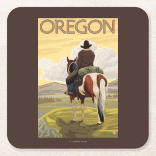 Cowboy on Horseback Vintage Travel Poster Square Paper Coaster