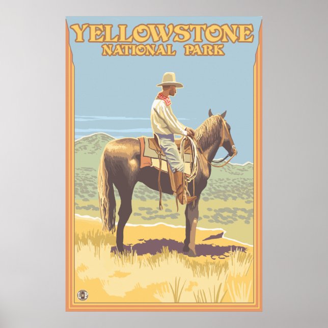Cowboy on Horseback - Yellowstone National Park Poster (Front)