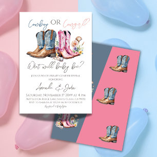 Cowboy or Cowgirl Boots Blue Pink Gender Reveal Invitation