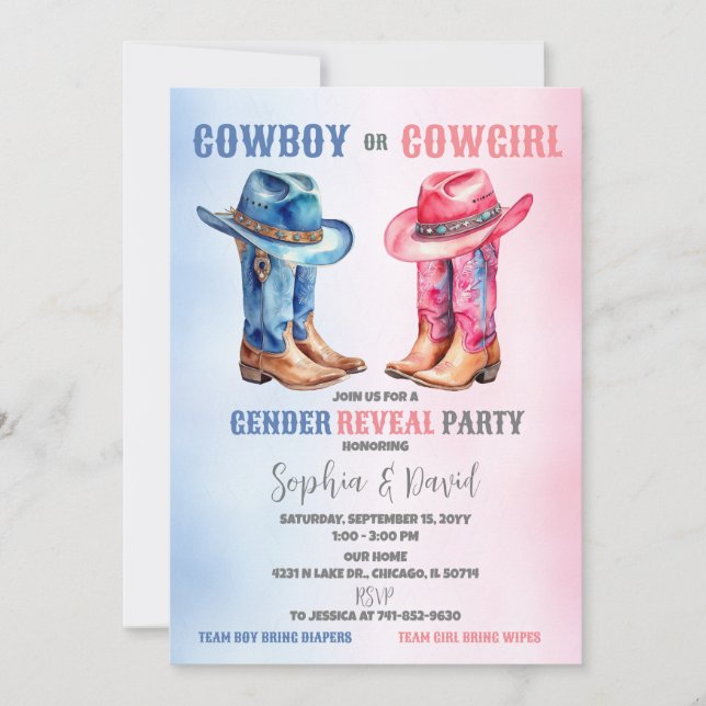 Cowboy or Cowgirl Gender Reveal Party Invitation (Front)