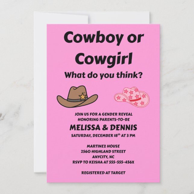 Cowboy or Cowgirl gender reveal party Invitation (Front)