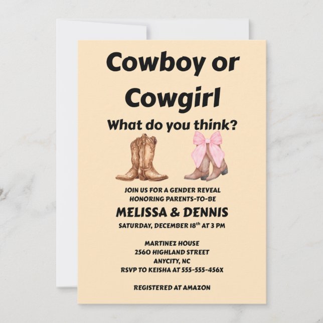 Cowboy or Cowgirl gender reveal party Invitation (Front)