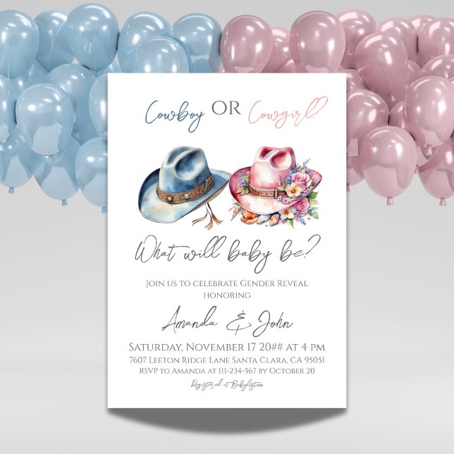 Cowboy or Cowgirl Hats Blue Pink Gender Reveal Invitation (Creator Uploaded)
