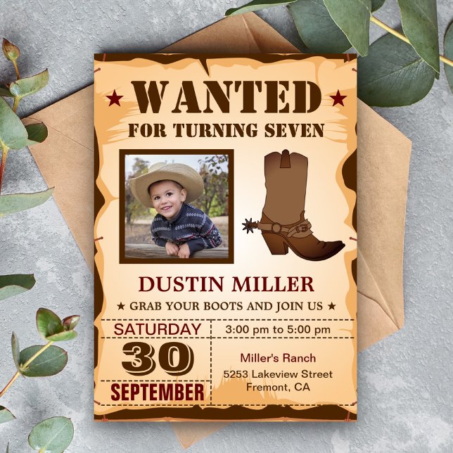 Cowboy Photo Wanted Poster Birthday Party Invitation (Creator Uploaded)
