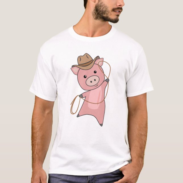 Cowboy Pig Piglet Piggy Western Pink T-Shirt (Front)